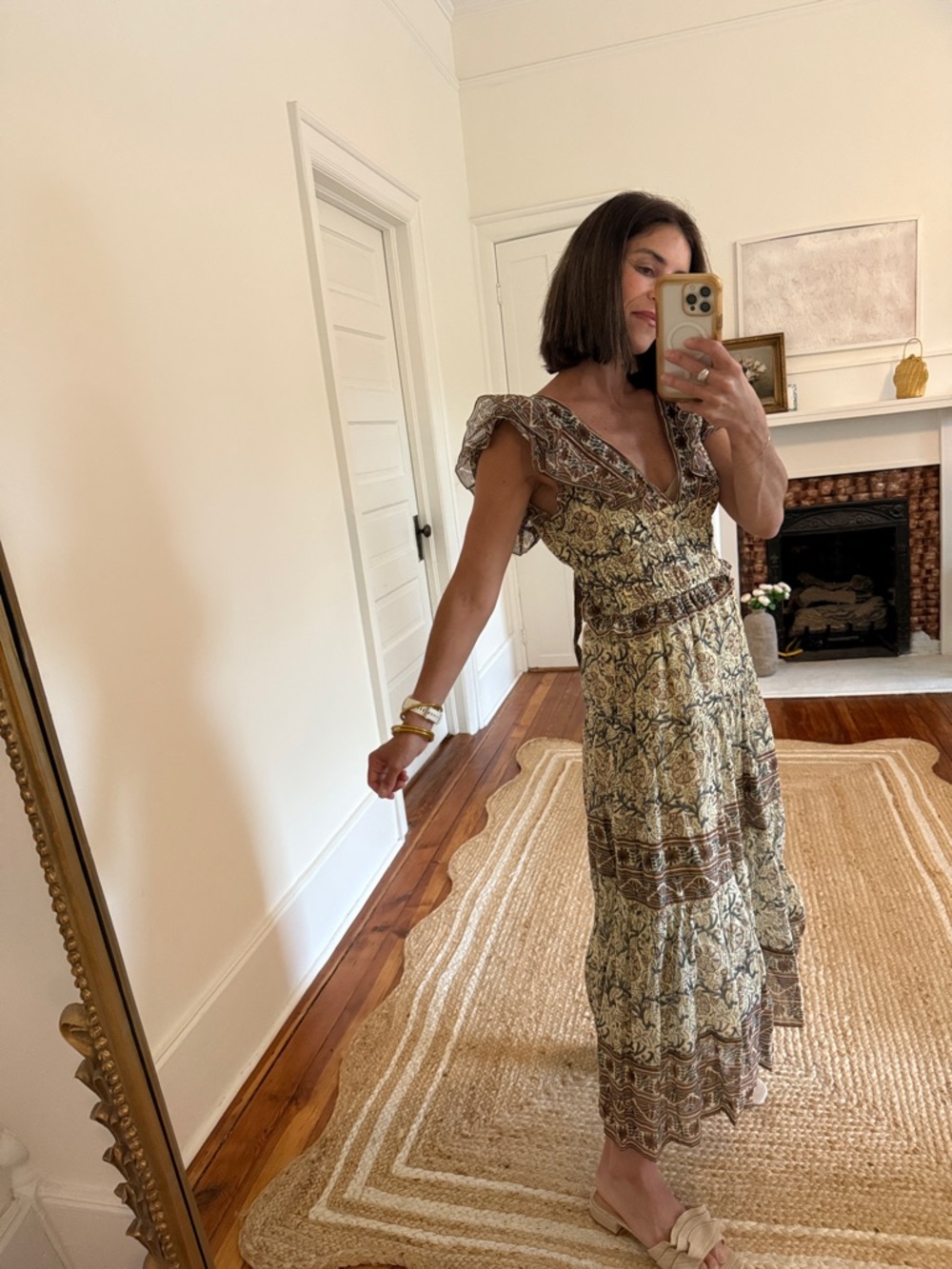 Sea Printed Midi Dress in Olive and Brown - Picture 2 of 3